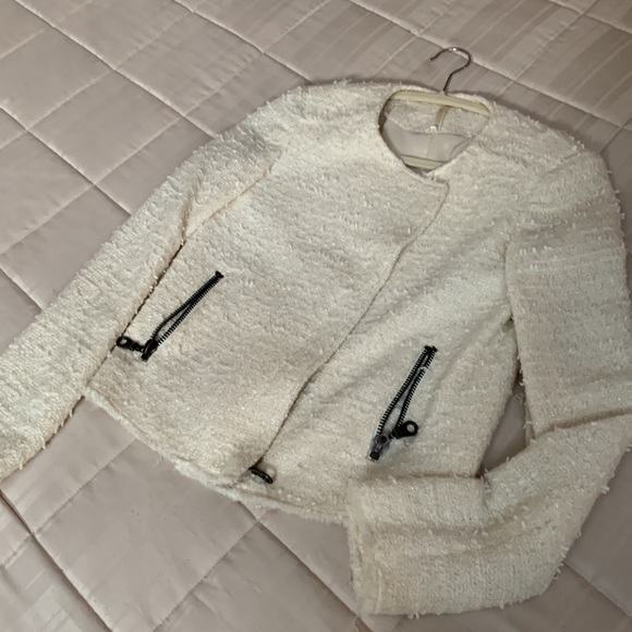 🤍Ivory Cream Tweed Moto Cropped Boucle Metallic Fray Frayed Raw Edge Zip Blazer - Picture 6 of 13